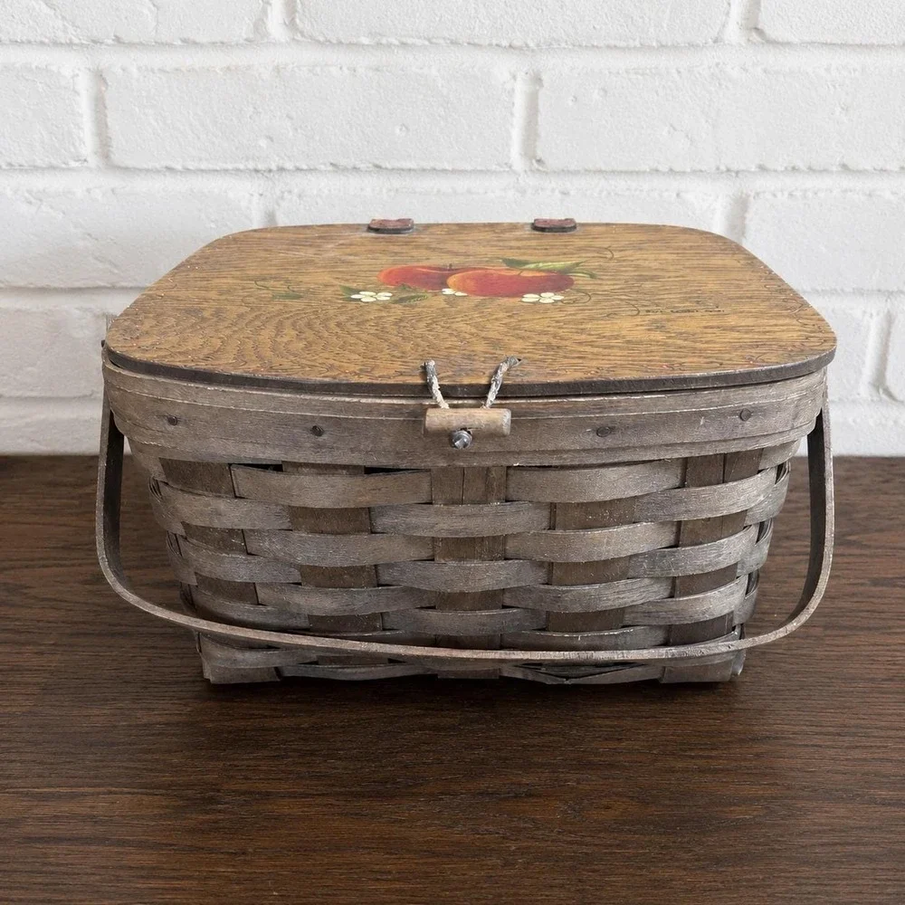 Vintage Apple Basket - Hand Painted Signed Beth Kankel 1981 Woven Picnic Basket